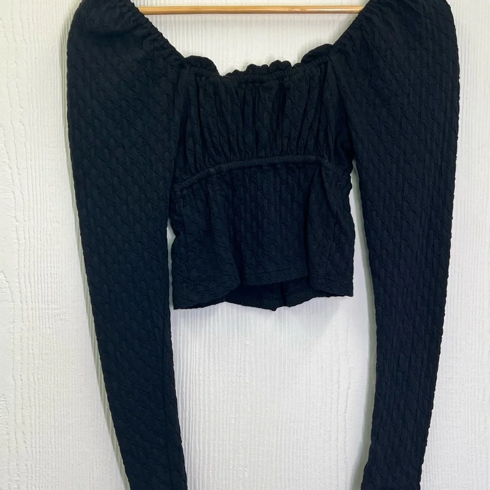 Free People - Lady Bug Black Sweetheart Neck Long Sleeve Crop Blouse Size XS
